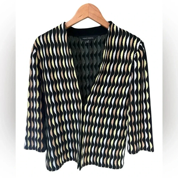 Ming Wang Knit Jacket Women’s Black Yellow Tan White 3/4 Sleeves - Picture 1 of 9